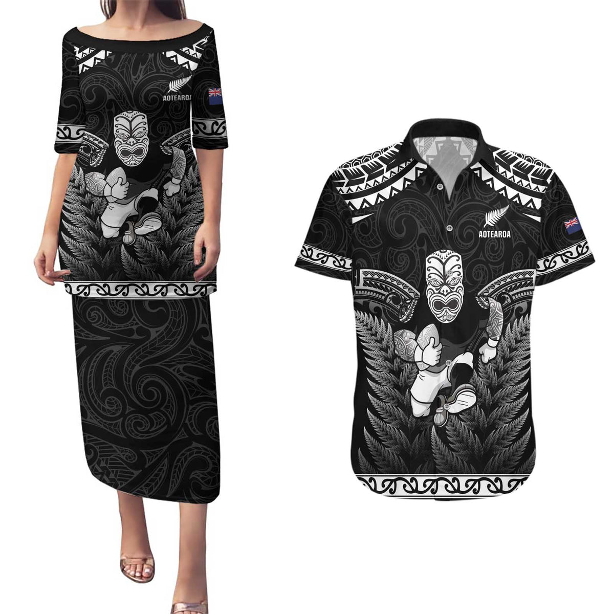Custom New Zealand Maori Tiki Rugby Couples Matching Puletasi and Hawaiian Shirt Go Aotearoa Maori Pattern LT05 Black - Polynesian Pride