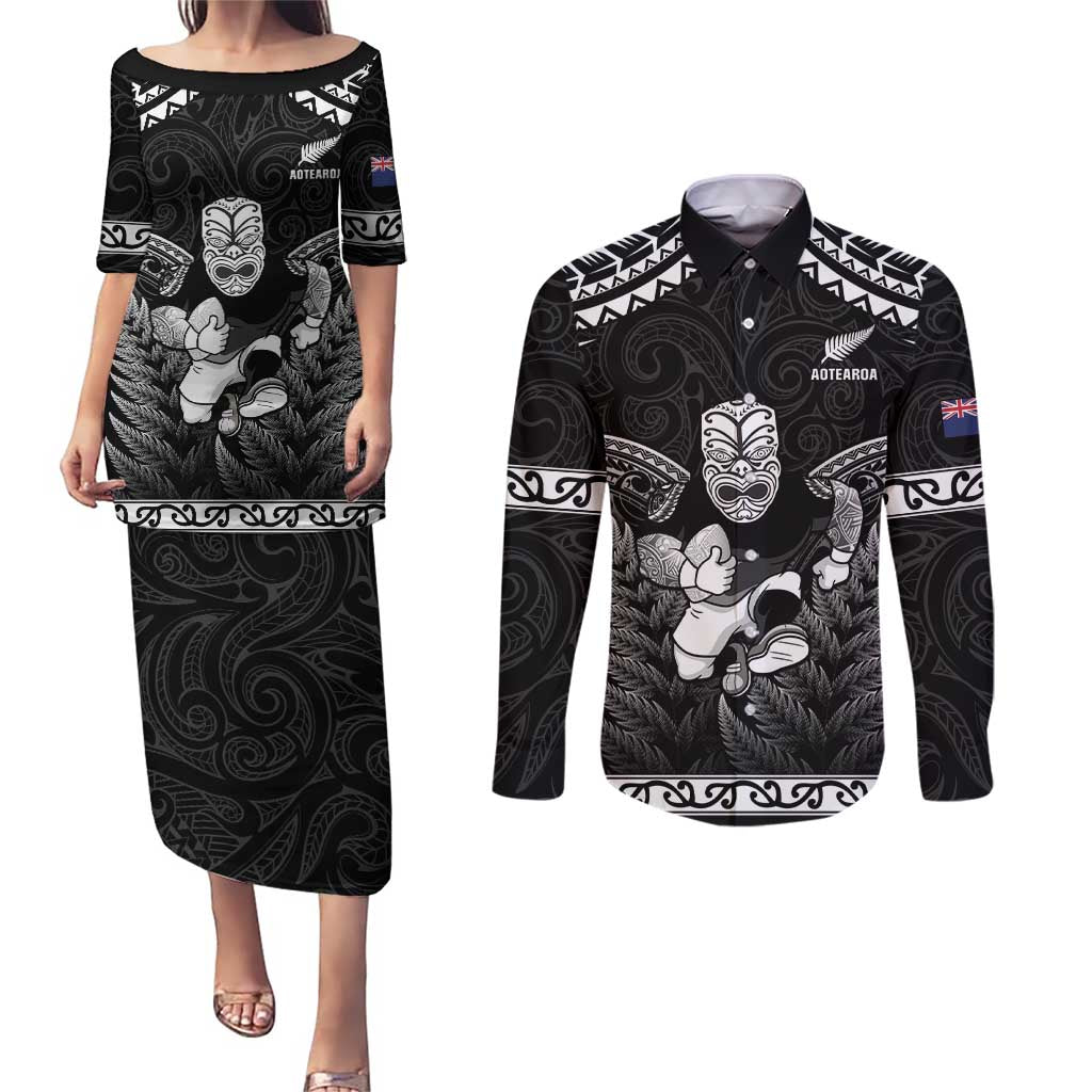 Custom New Zealand Maori Tiki Rugby Couples Matching Puletasi and Long Sleeve Button Shirt Go Aotearoa Maori Pattern LT05 Black - Polynesian Pride