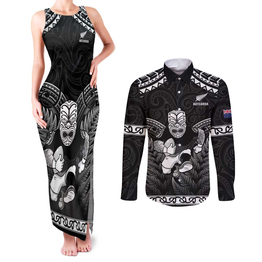 Custom New Zealand Maori Tiki Rugby Couples Matching Tank Maxi Dress and Long Sleeve Button Shirt Go Aotearoa Maori Pattern LT05 Black - Polynesian Pride