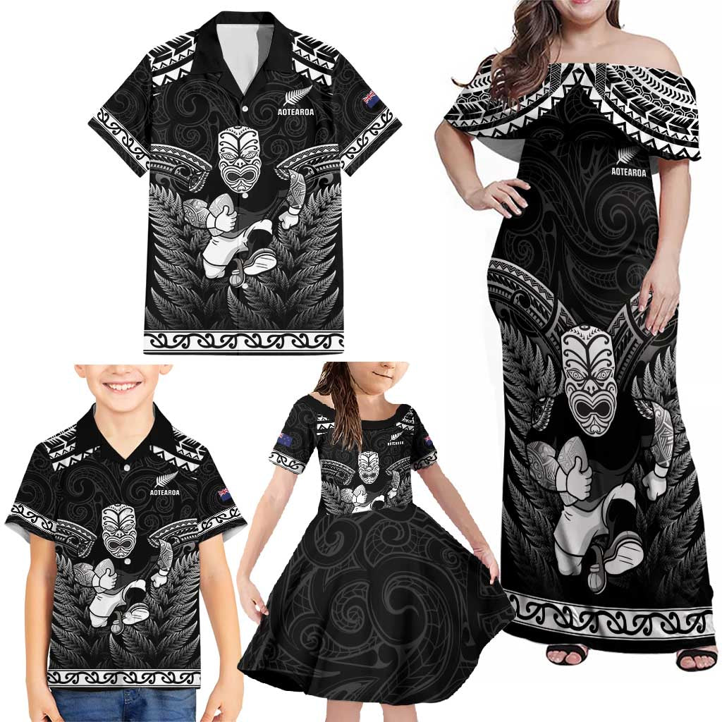 Custom New Zealand Maori Tiki Rugby Family Matching Off Shoulder Maxi Dress and Hawaiian Shirt Go Aotearoa Maori Pattern LT05 - Polynesian Pride