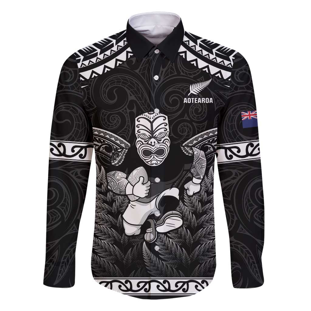 Custom New Zealand Maori Tiki Rugby Family Matching Off Shoulder Maxi Dress and Hawaiian Shirt Go Aotearoa Maori Pattern LT05 Dad's Shirt - Long Sleeve Black - Polynesian Pride