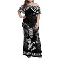 Custom New Zealand Maori Tiki Rugby Family Matching Off Shoulder Maxi Dress and Hawaiian Shirt Go Aotearoa Maori Pattern LT05 Mom's Dress Black - Polynesian Pride