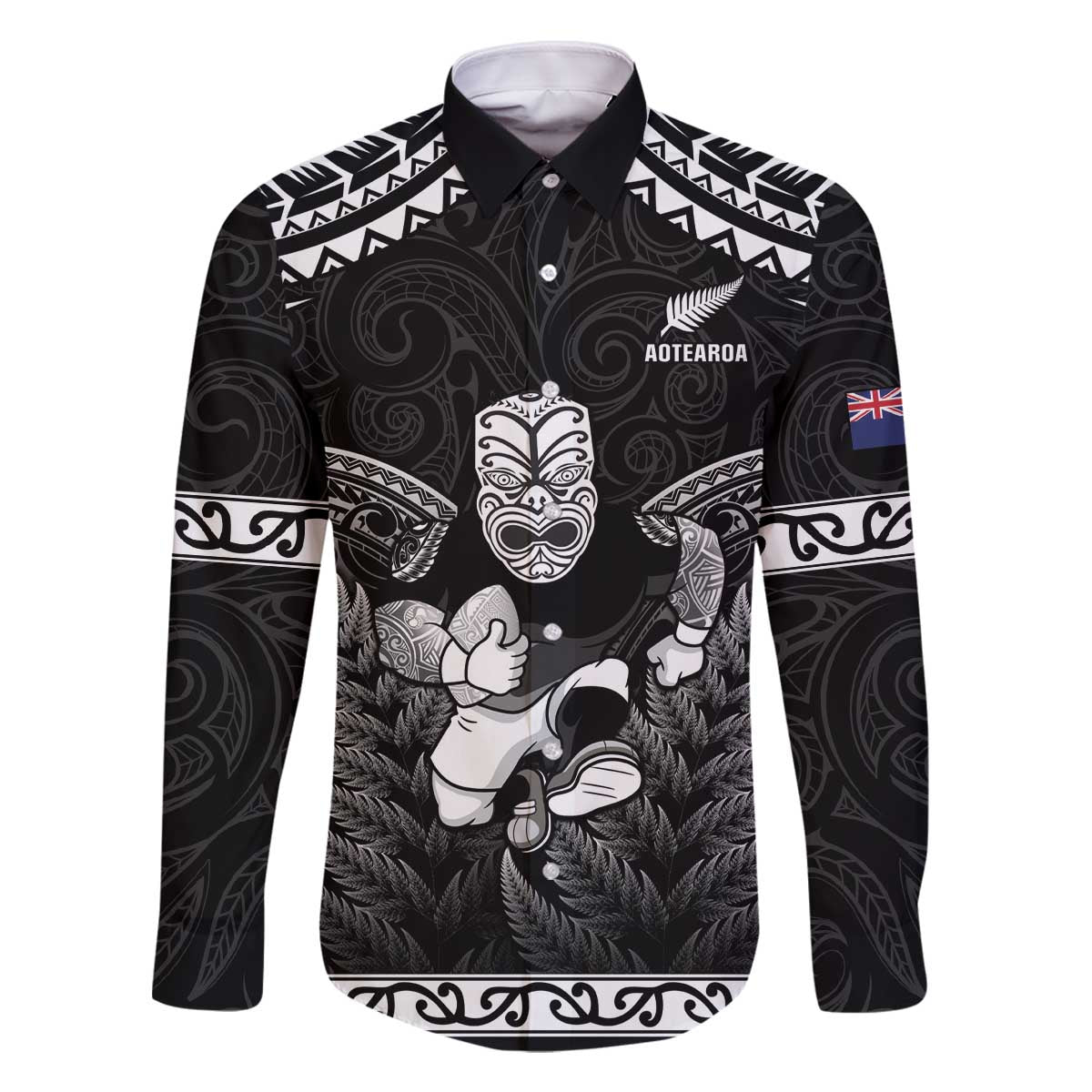 Custom New Zealand Maori Tiki Rugby Family Matching Off Shoulder Short Dress and Hawaiian Shirt Go Aotearoa Maori Pattern LT05 Dad's Shirt - Long Sleeve Black - Polynesian Pride