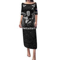 Custom New Zealand Maori Tiki Rugby Family Matching Puletasi and Hawaiian Shirt Go Aotearoa Maori Pattern LT05 Mom's Dress Black - Polynesian Pride