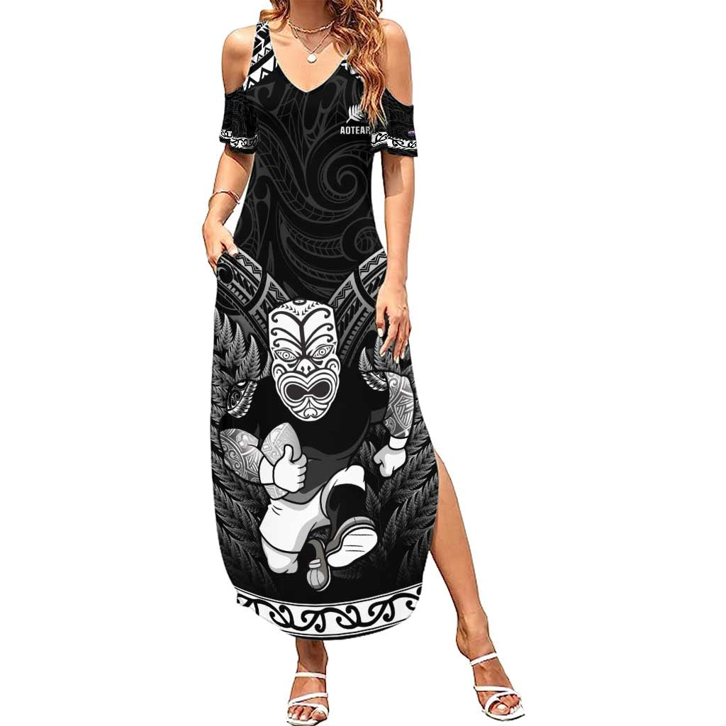 Custom New Zealand Maori Tiki Rugby Family Matching Summer Maxi Dress and Hawaiian Shirt Go Aotearoa Maori Pattern LT05 Mom's Dress Black - Polynesian Pride