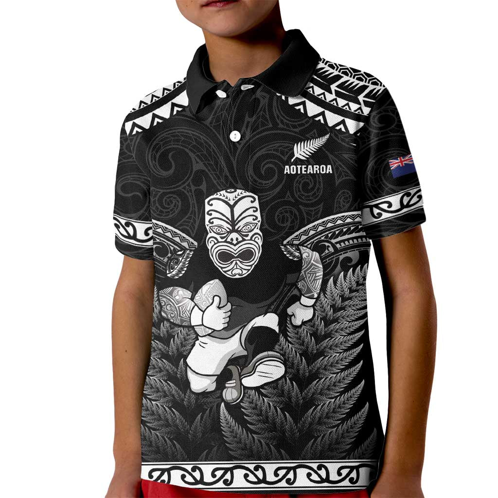 Custom New Zealand Maori Tiki Rugby Kid Polo Shirt Go Aotearoa Maori Pattern LT05 Kid Black - Polynesian Pride