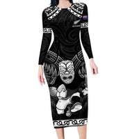 Custom New Zealand Maori Tiki Rugby Long Sleeve Bodycon Dress Go Aotearoa Maori Pattern LT05 Long Dress Black - Polynesian Pride