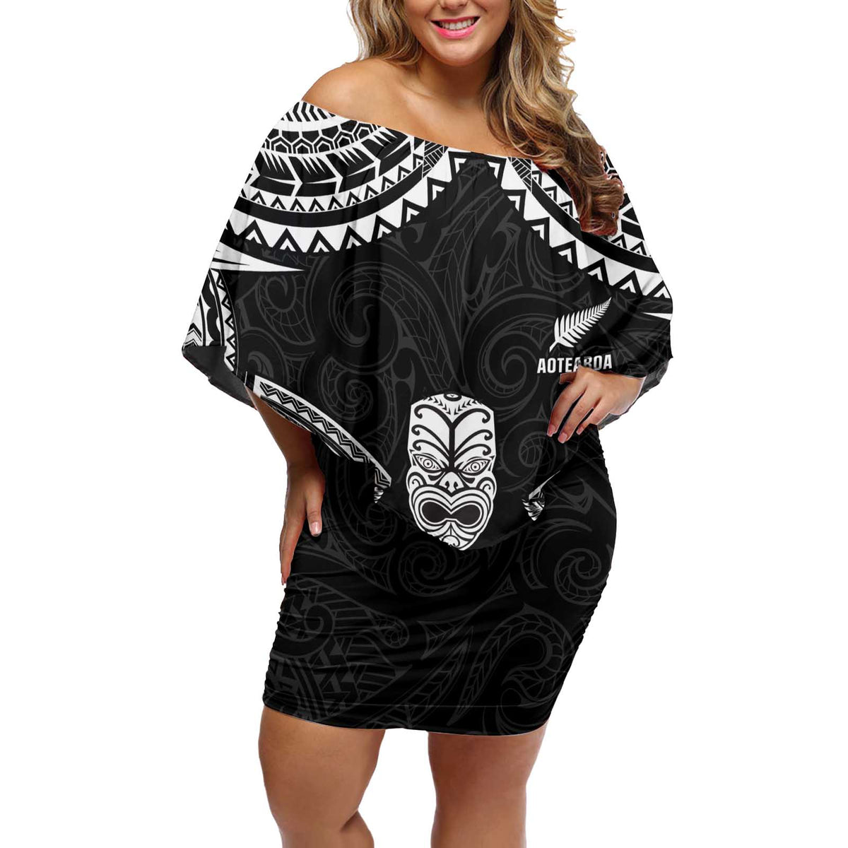 Custom New Zealand Maori Tiki Rugby Off Shoulder Short Dress Go Aotearoa Maori Pattern LT05 Women Black - Polynesian Pride