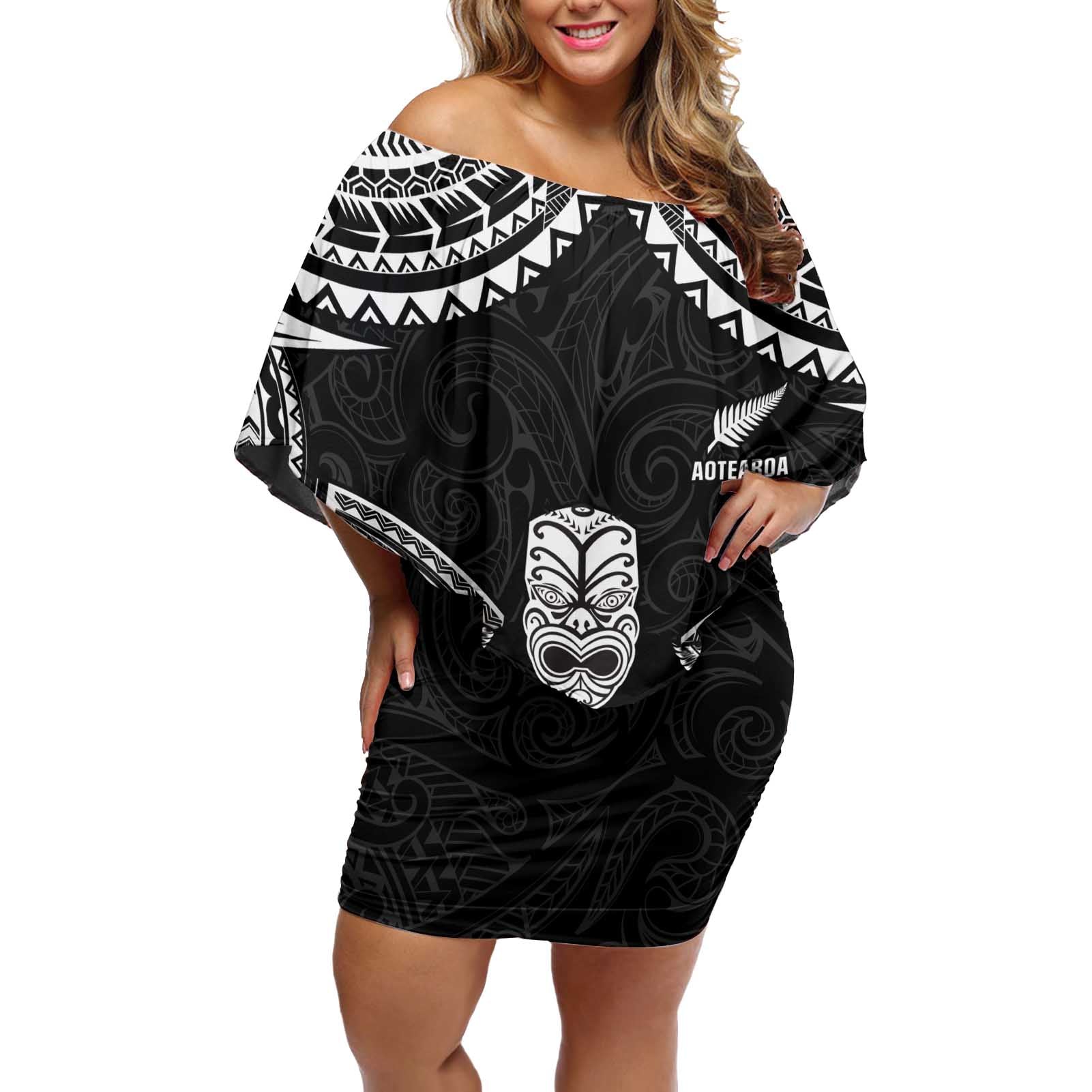 Custom New Zealand Maori Tiki Rugby Off Shoulder Short Dress Go Aotearoa Maori Pattern