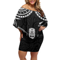 Custom New Zealand Maori Tiki Rugby Off Shoulder Short Dress Go Aotearoa Maori Pattern LT05 Women Black - Polynesian Pride
