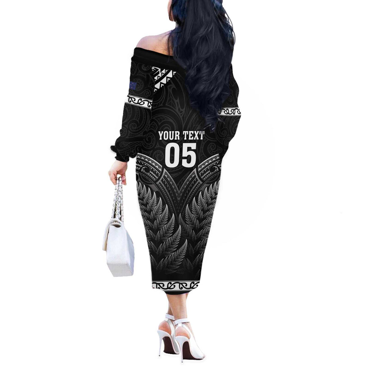Custom New Zealand Maori Tiki Rugby Off The Shoulder Long Sleeve Dress Go Aotearoa Maori Pattern LT05 - Polynesian Pride