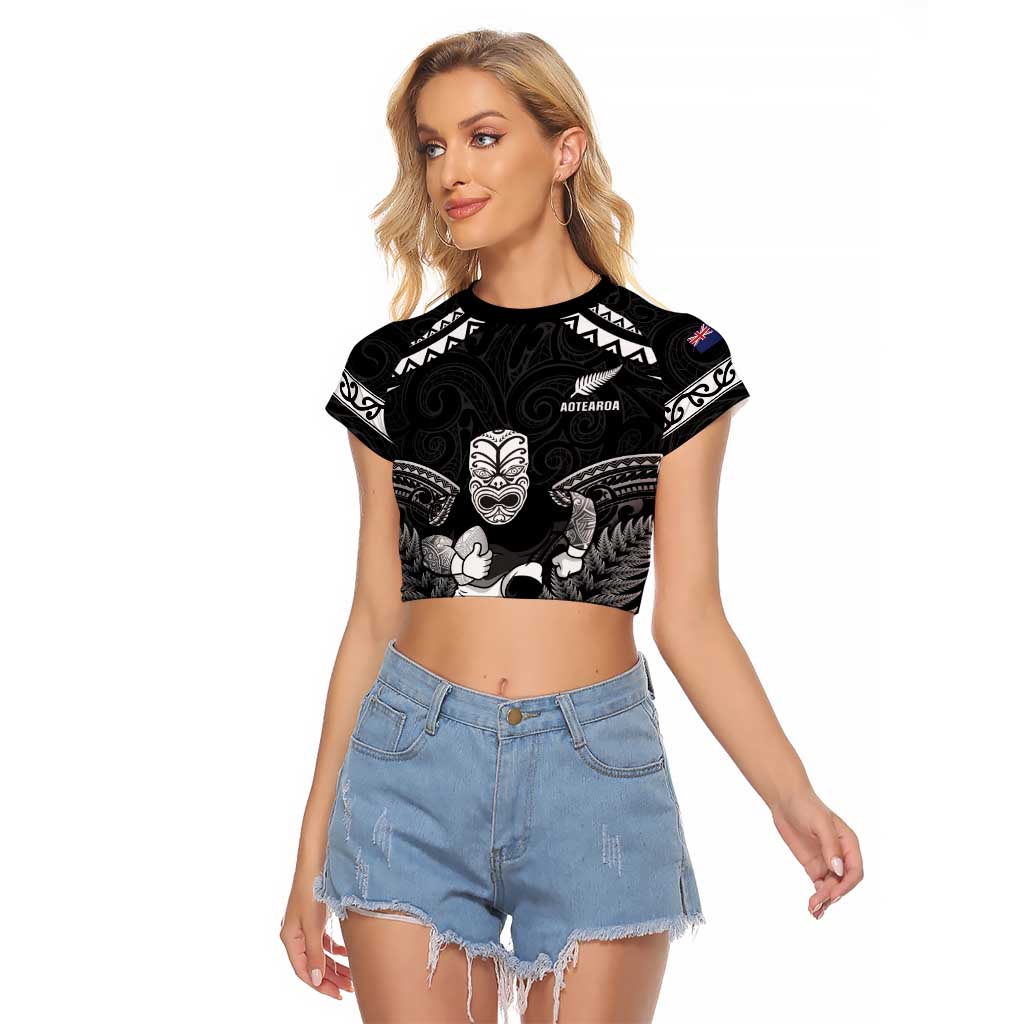 Custom New Zealand Maori Tiki Rugby Raglan Cropped T Shirt Go Aotearoa Maori Pattern LT05 Female Black - Polynesian Pride