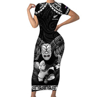 Custom New Zealand Maori Tiki Rugby Short Sleeve Bodycon Dress Go Aotearoa Maori Pattern LT05 Long Dress Black - Polynesian Pride