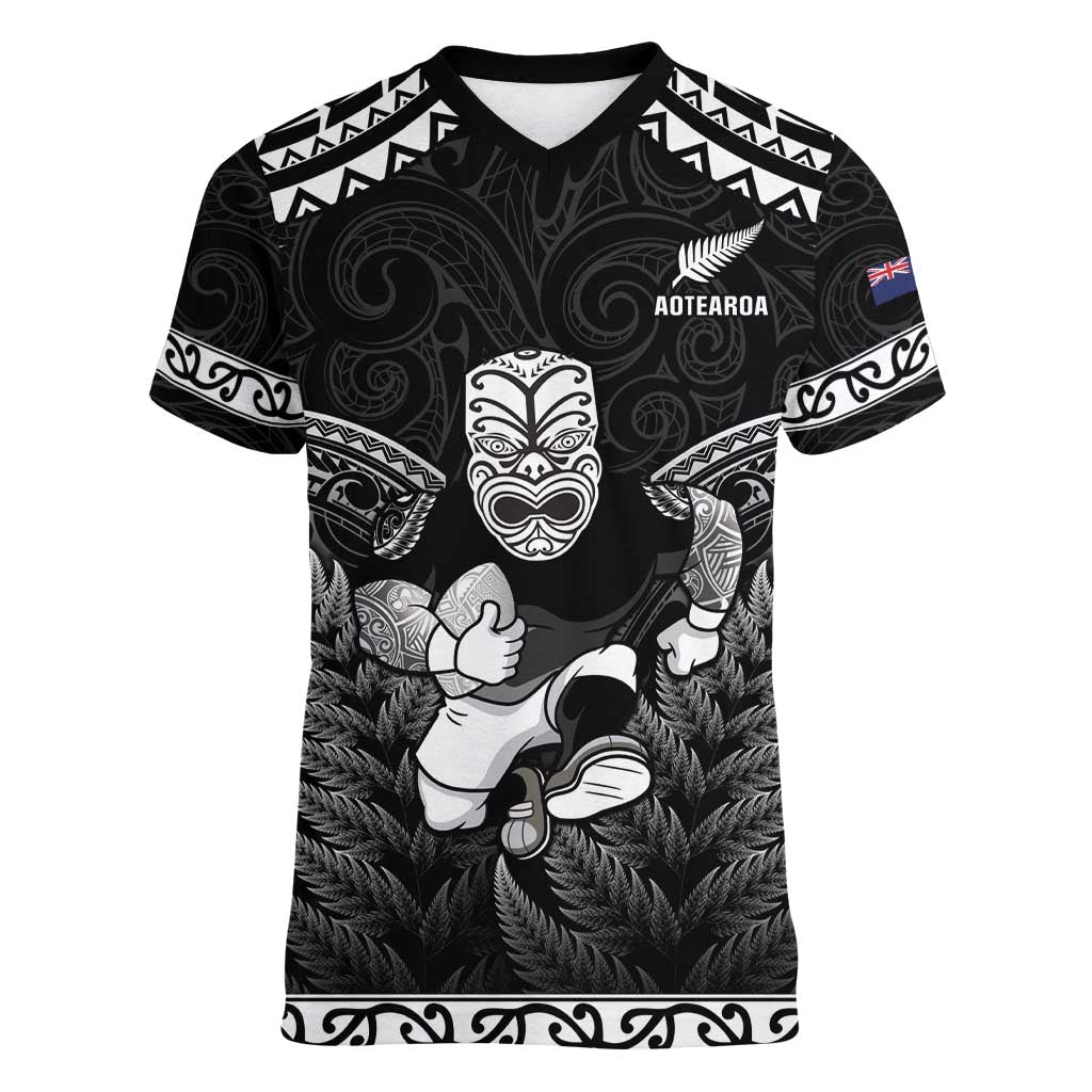Custom New Zealand Maori Tiki Rugby Women V-Neck T-Shirt Go Aotearoa Maori Pattern LT05 Female Black - Polynesian Pride