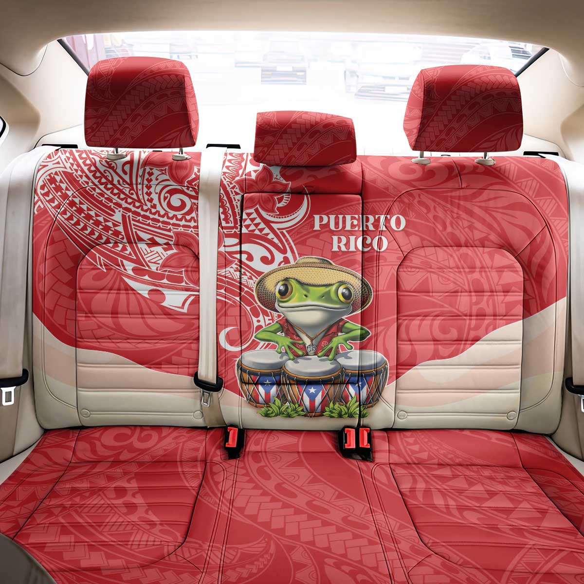 Puerto Rico Back Car Seat Cover Coqui Frog With Polynesian Pattern - Polynesian Pride