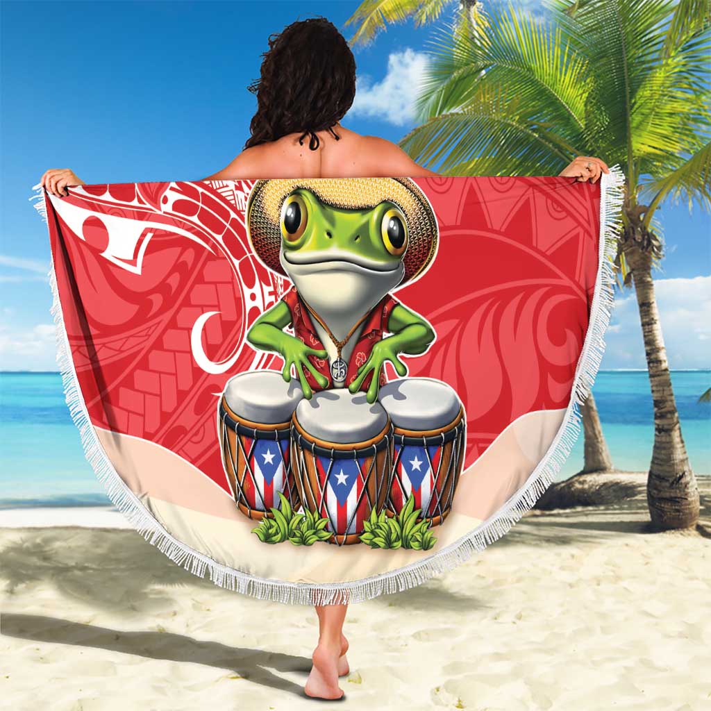 Puerto Rico Beach Blanket Coqui Frog With Polynesian Pattern - Polynesian Pride