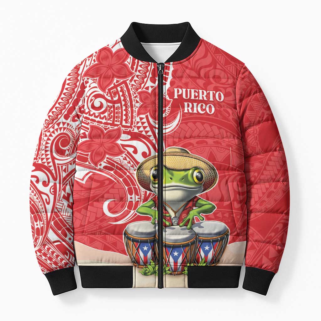 Personalized Puerto Rico Bomber Puffer Jacket Coqui Frog With Polynesian Pattern LT05 Unisex Red - Polynesian Pride