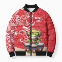 Personalized Puerto Rico Bomber Puffer Jacket Coqui Frog With Polynesian Pattern LT05 Unisex Red - Polynesian Pride