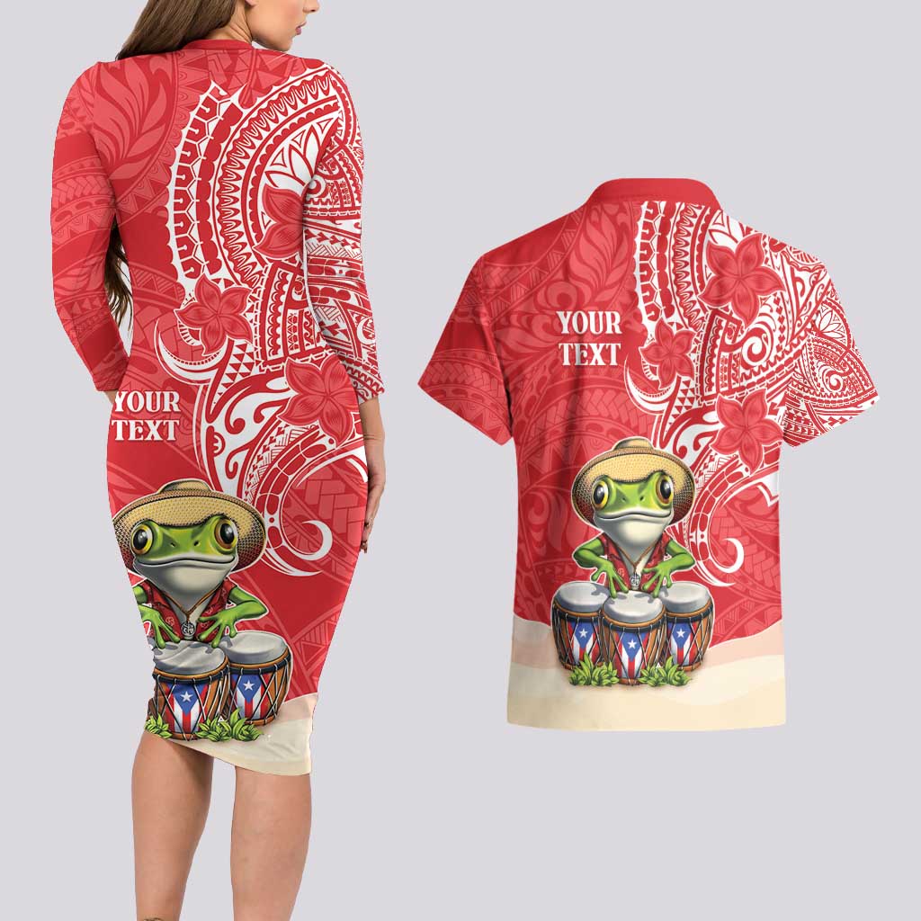 Personalized Puerto Rico Couples Matching Long Sleeve Bodycon Dress and Hawaiian Shirt Coqui Frog With Polynesian Pattern - Polynesian Pride