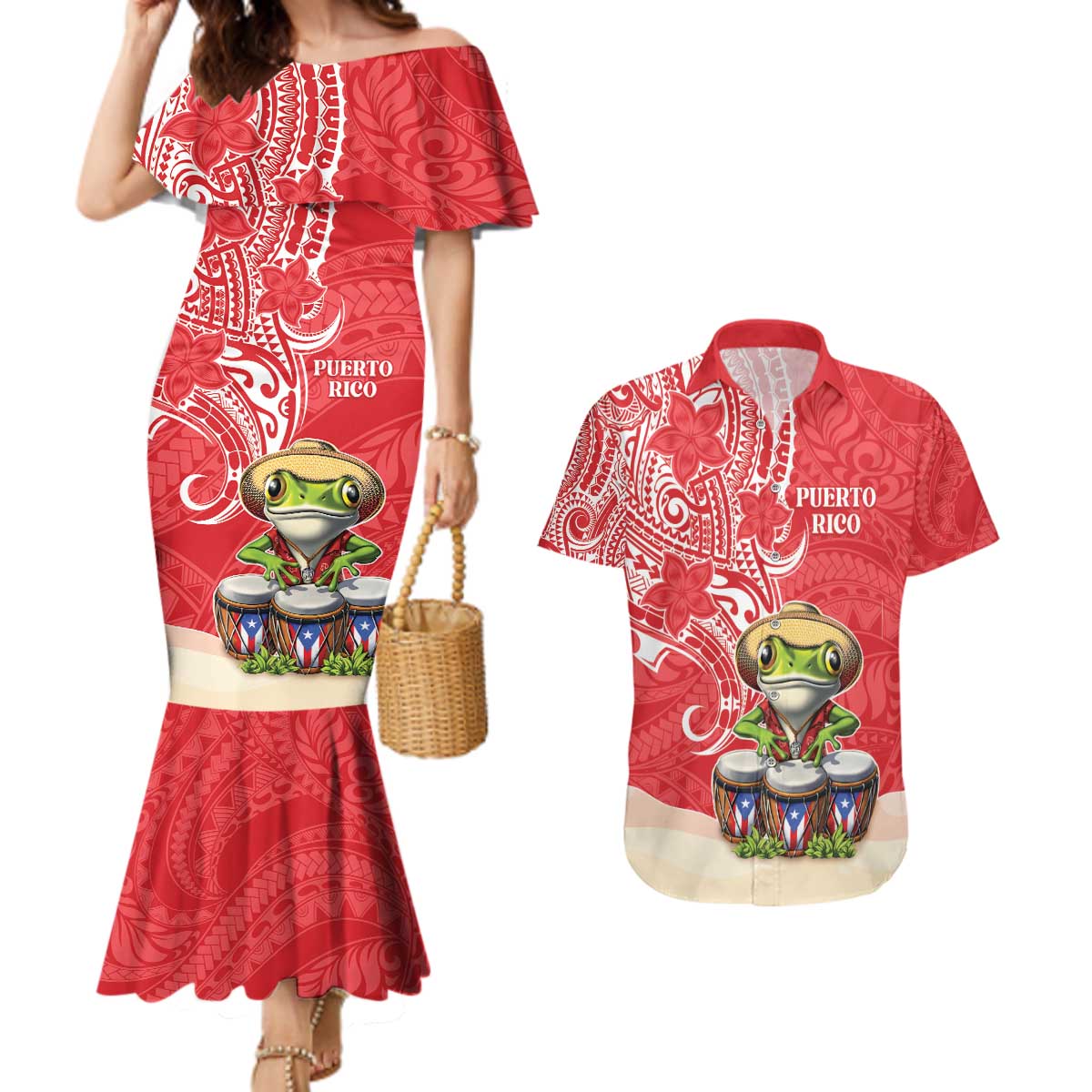 Personalized Puerto Rico Couples Matching Mermaid Dress and Hawaiian Shirt Coqui Frog With Polynesian Pattern - Polynesian Pride