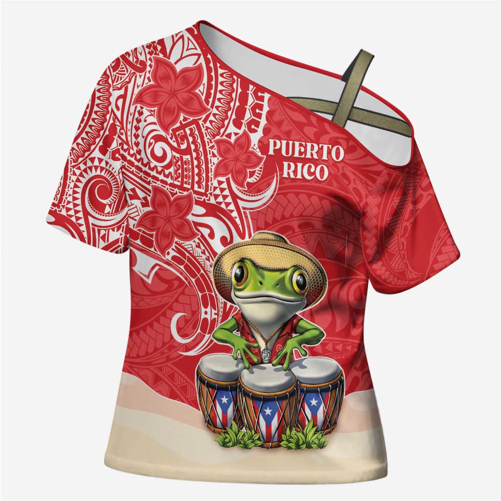 Personalized Puerto Rico Cross Shoulder Shirt Coqui Frog With Polynesian Pattern LT05 Female Red - Polynesian Pride