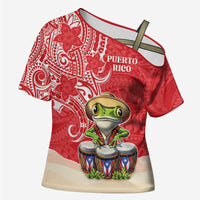 Personalized Puerto Rico Cross Shoulder Shirt Coqui Frog With Polynesian Pattern LT05 Female Red - Polynesian Pride