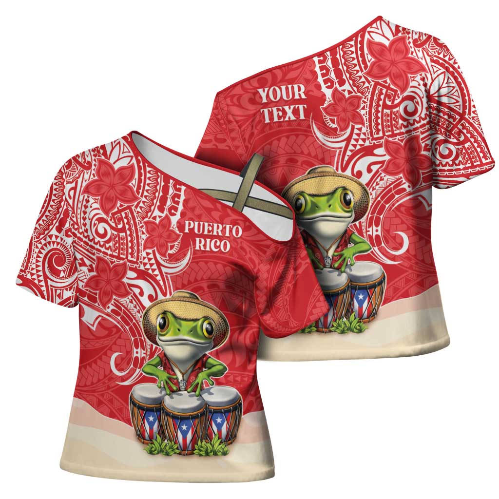 Personalized Puerto Rico Cross Shoulder Shirt Coqui Frog With Polynesian Pattern LT05 - Polynesian Pride