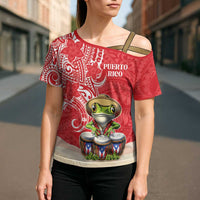 Personalized Puerto Rico Cross Shoulder Shirt Coqui Frog With Polynesian Pattern LT05 - Polynesian Pride