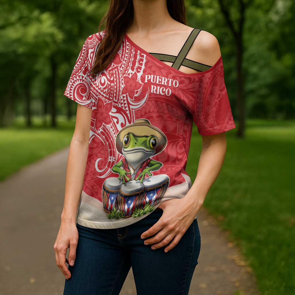 Personalized Puerto Rico Cross Shoulder Shirt Coqui Frog With Polynesian Pattern LT05 - Polynesian Pride