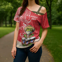 Personalized Puerto Rico Cross Shoulder Shirt Coqui Frog With Polynesian Pattern LT05 - Polynesian Pride