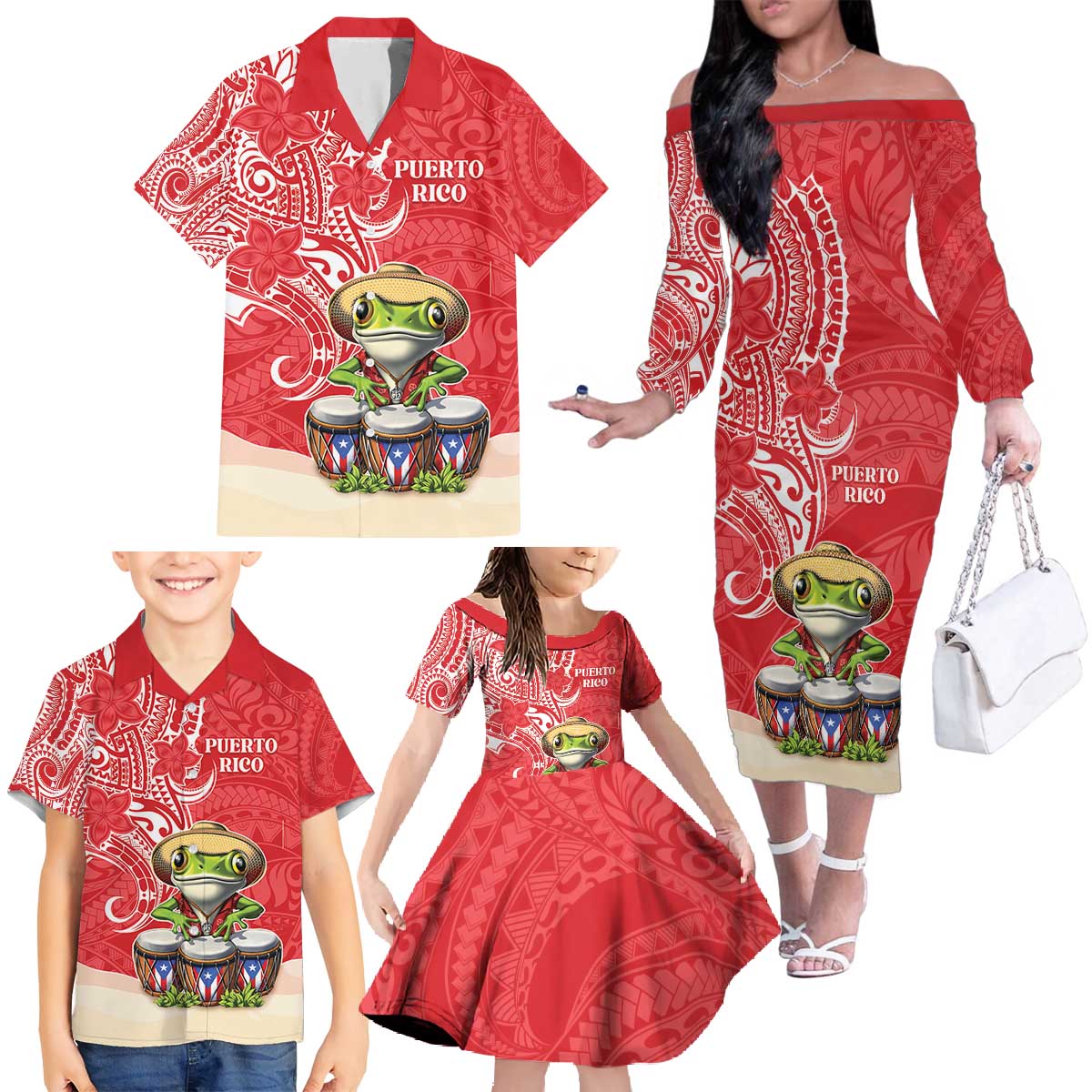 Personalized Puerto Rico Family Matching Off The Shoulder Long Sleeve Dress and Hawaiian Shirt Coqui Frog With Polynesian Pattern - Polynesian Pride