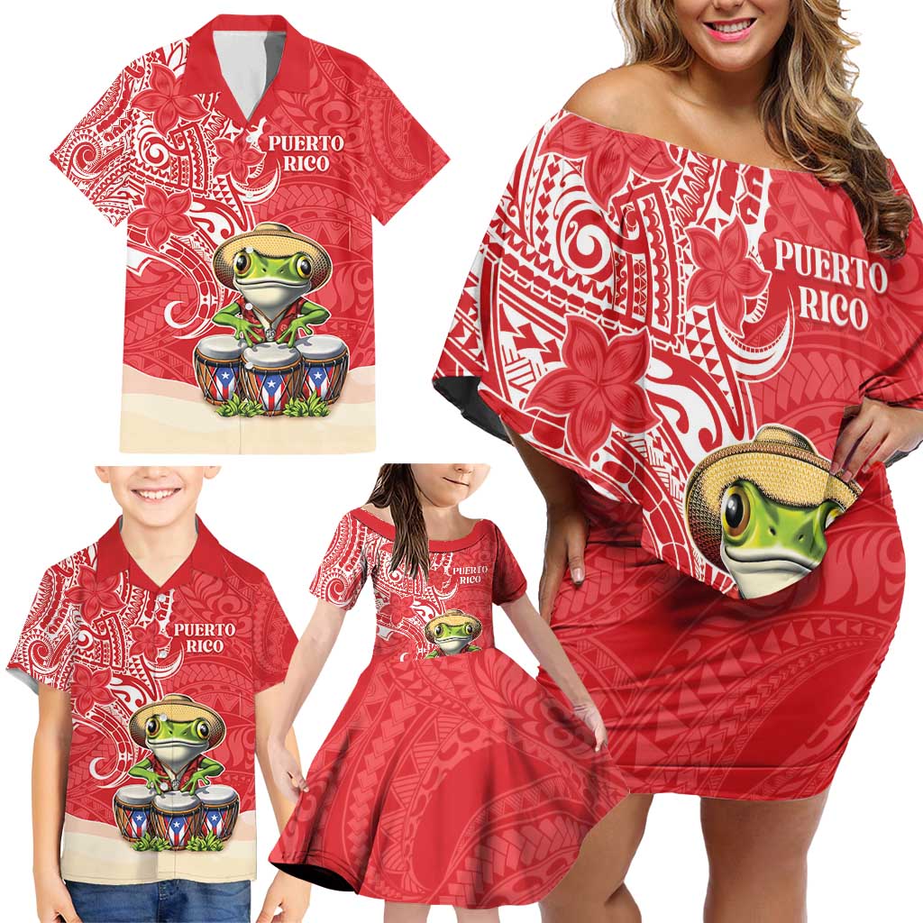 Personalized Puerto Rico Family Matching Off Shoulder Short Dress and Hawaiian Shirt Coqui Frog With Polynesian Pattern - Polynesian Pride