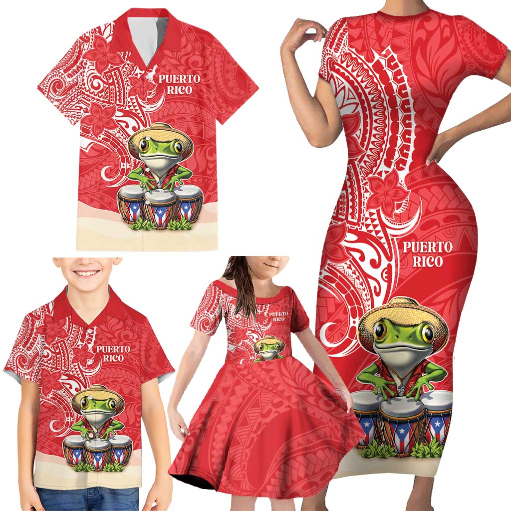 Personalized Puerto Rico Family Matching Short Sleeve Bodycon Dress and Hawaiian Shirt Coqui Frog With Polynesian Pattern - Polynesian Pride