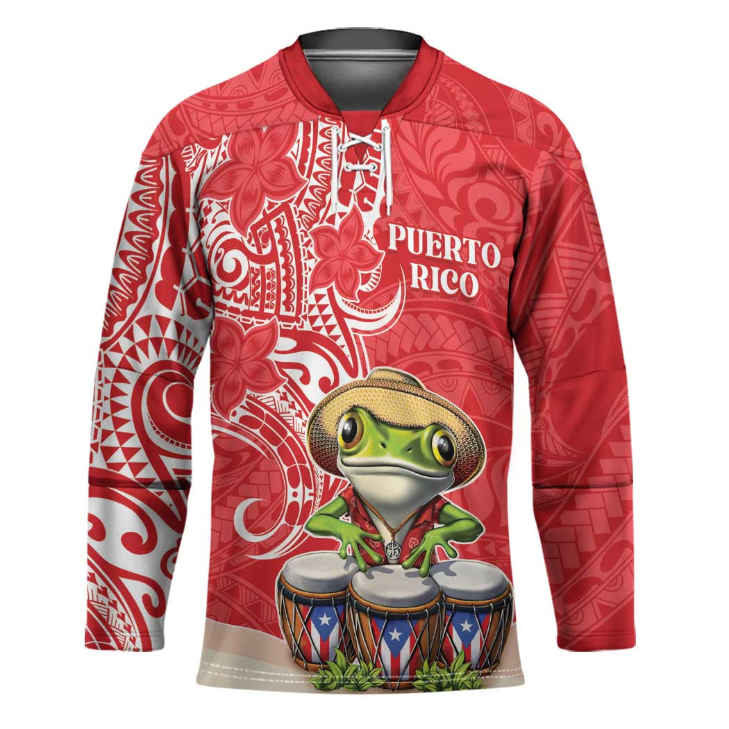 Personalized Puerto Rico Hockey Jersey Coqui Frog With Polynesian Pattern LT05 Unisex Red - Polynesian Pride