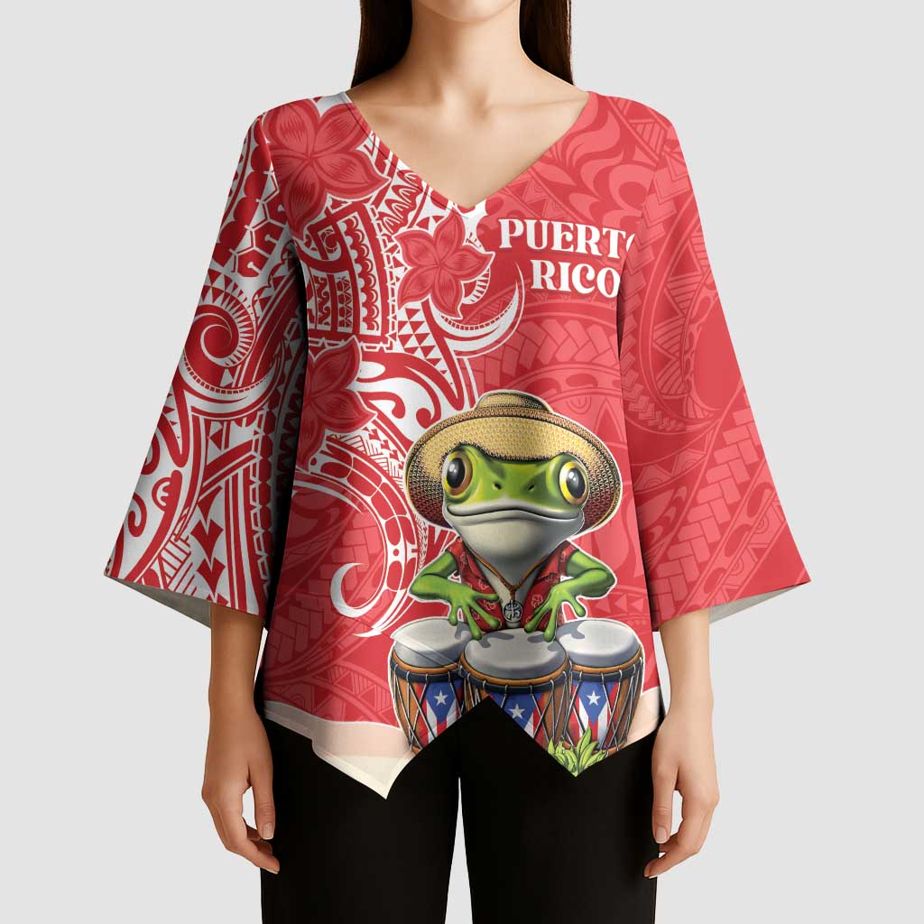 Personalized Puerto Rico Kimono Sleeve Blouse Coqui Frog With Polynesian Pattern - Polynesian Pride