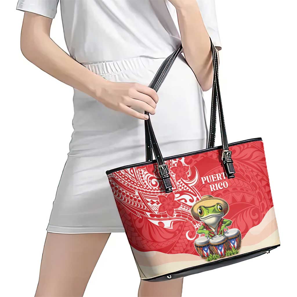 Puerto Rico Leather Tote Bag Coqui Frog With Polynesian Pattern - Polynesian Pride