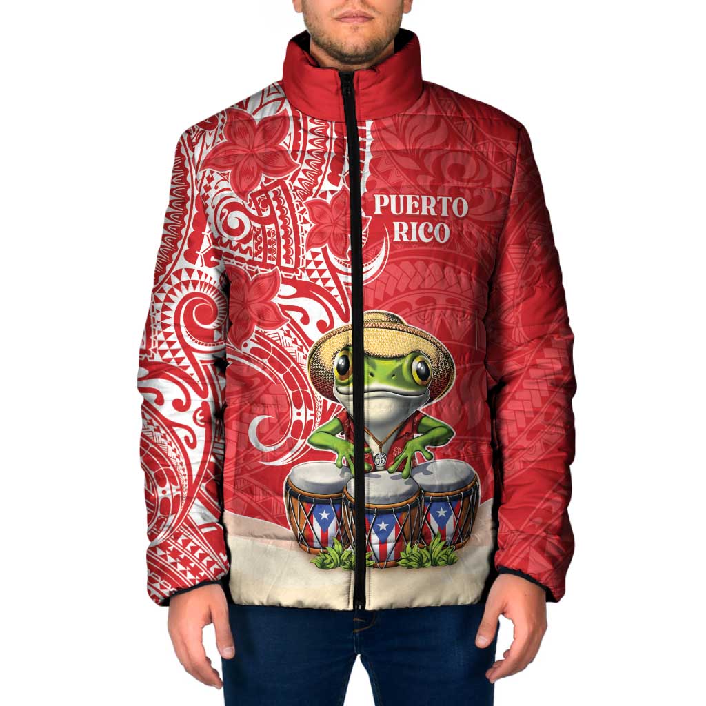 Personalized Puerto Rico Padded Jacket Coqui Frog With Polynesian Pattern LT05 Men Red - Polynesian Pride