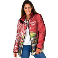 Personalized Puerto Rico Padded Jacket Coqui Frog With Polynesian Pattern LT05 Women Red - Polynesian Pride