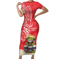 Personalized Puerto Rico Short Sleeve Bodycon Dress Coqui Frog With Polynesian Pattern - Polynesian Pride