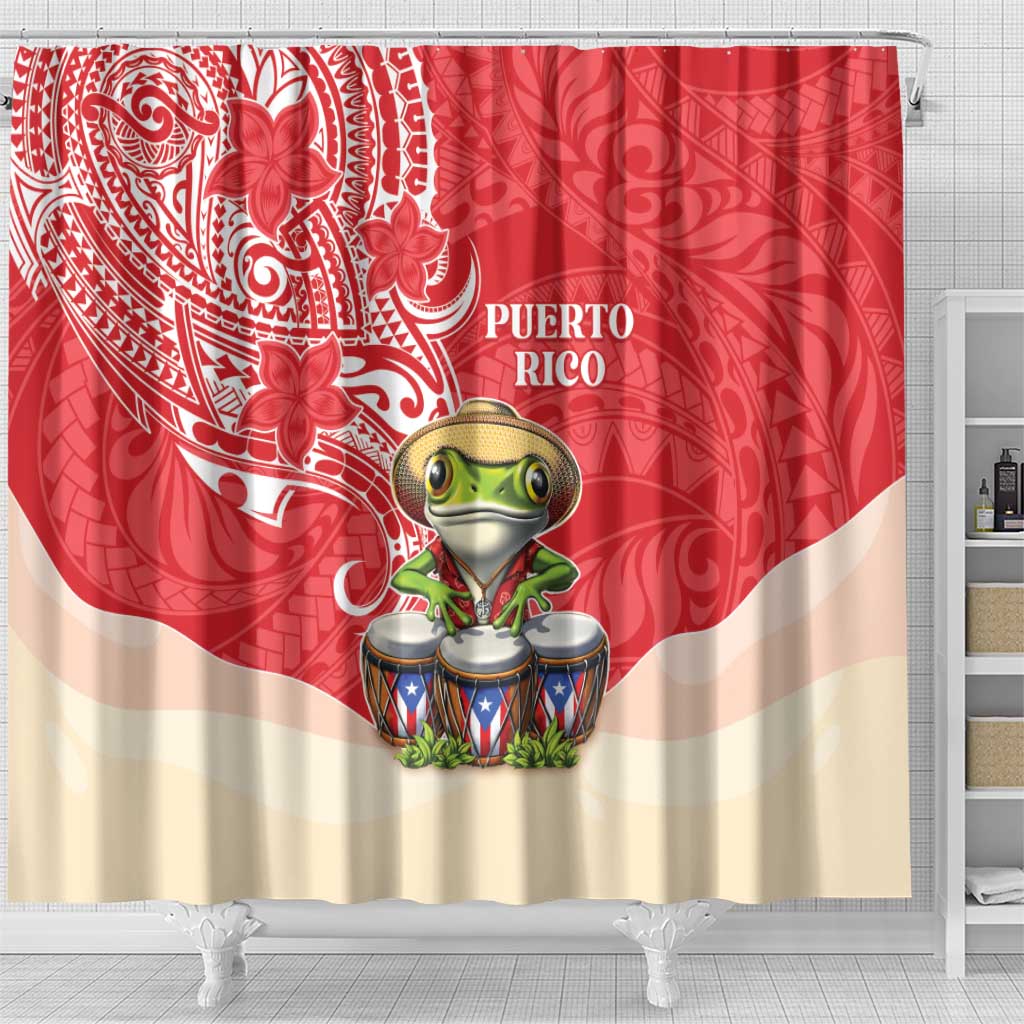 Puerto Rico Shower Curtain Coqui Frog With Polynesian Pattern - Polynesian Pride
