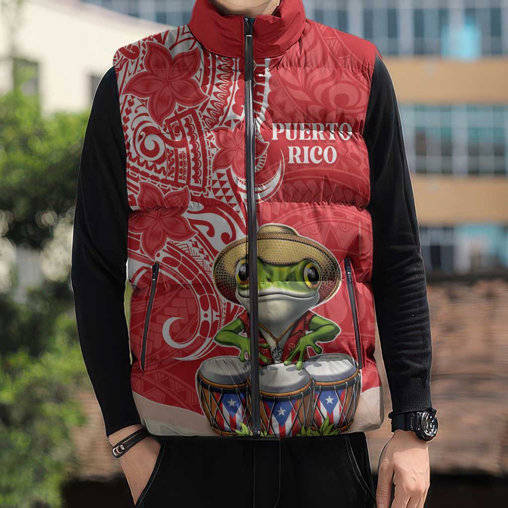 Personalized Puerto Rico Sleeveless Puffer Jacket Coqui Frog With Polynesian Pattern LT05 - Polynesian Pride