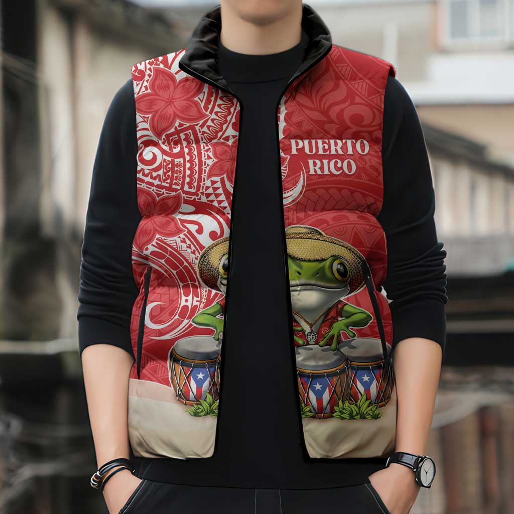 Personalized Puerto Rico Sleeveless Puffer Jacket Coqui Frog With Polynesian Pattern LT05 - Polynesian Pride