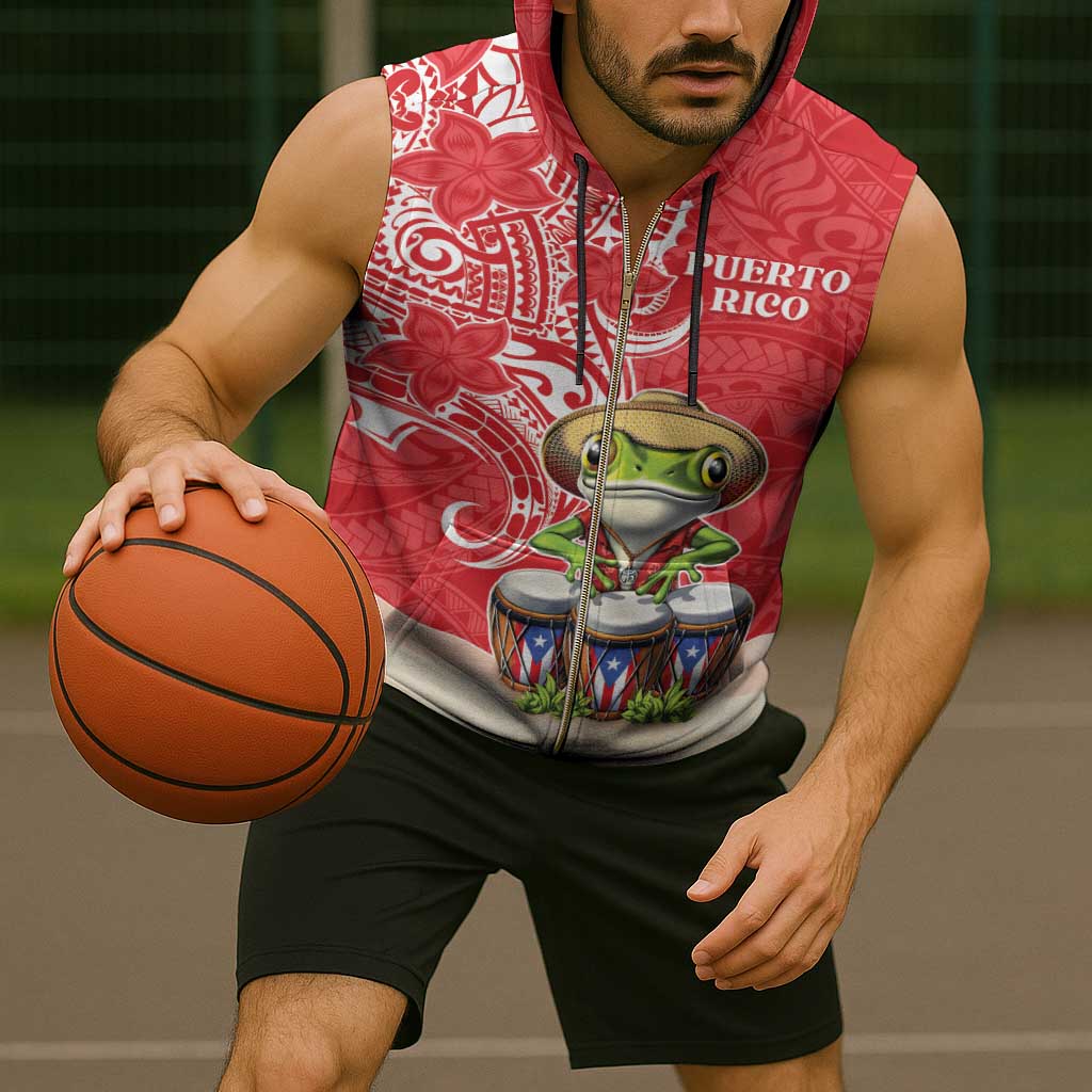 Personalized Puerto Rico Sleeveless Zip Hoodie Coqui Frog With Polynesian Pattern - Polynesian Pride