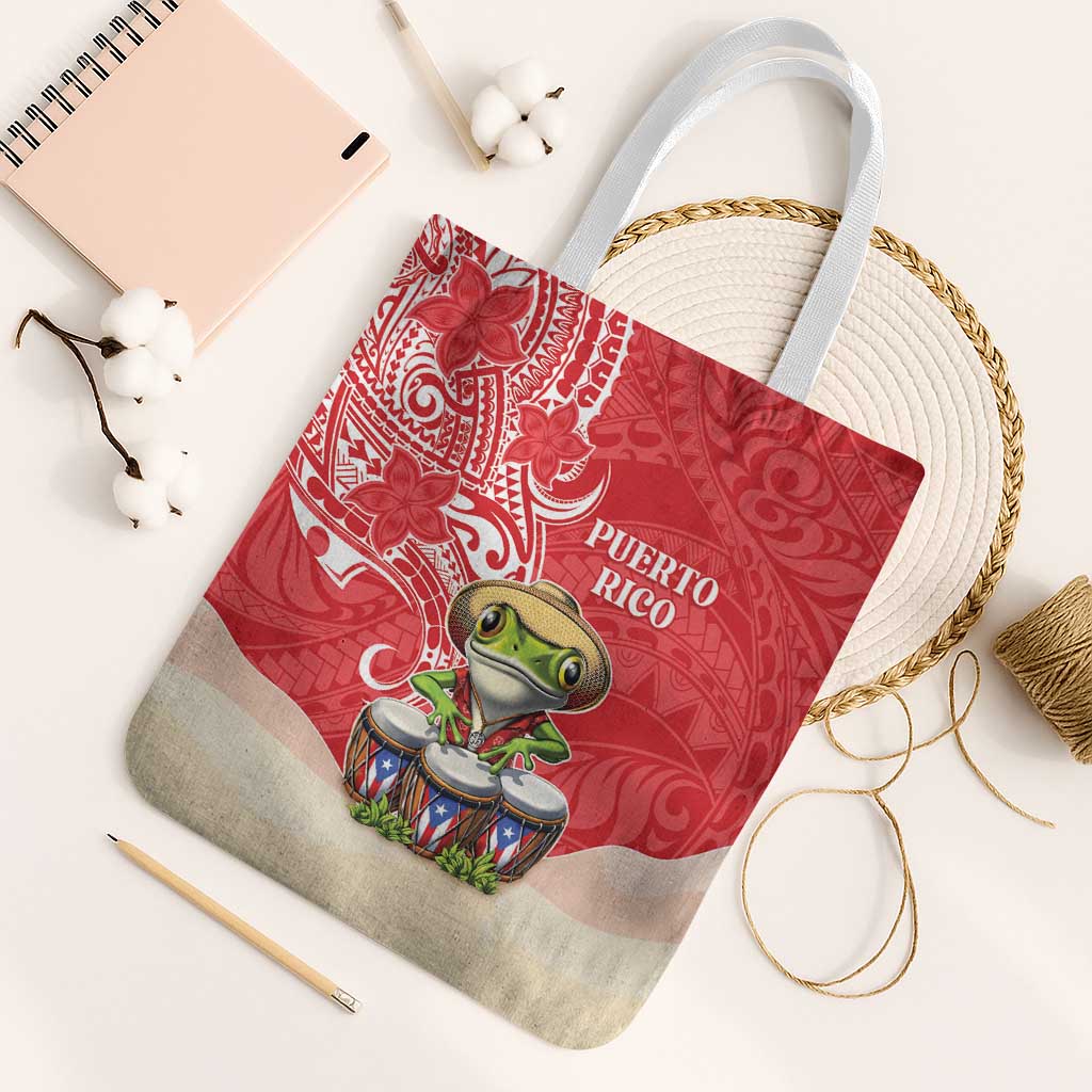Puerto Rico Tote Bag Coqui Frog With Polynesian Pattern LT05 White Strap One Size Red - Polynesian Pride