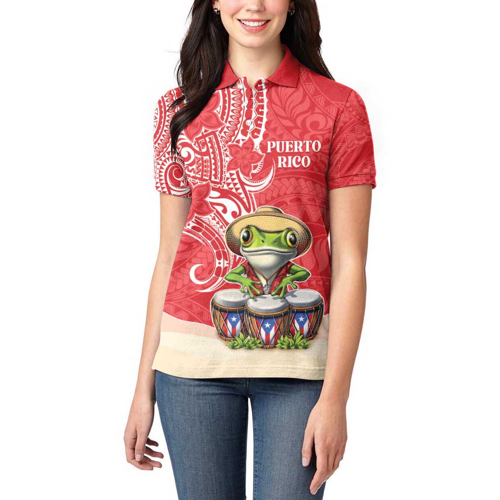 Personalized Puerto Rico Women Polo Shirt Coqui Frog With Polynesian Pattern - Polynesian Pride