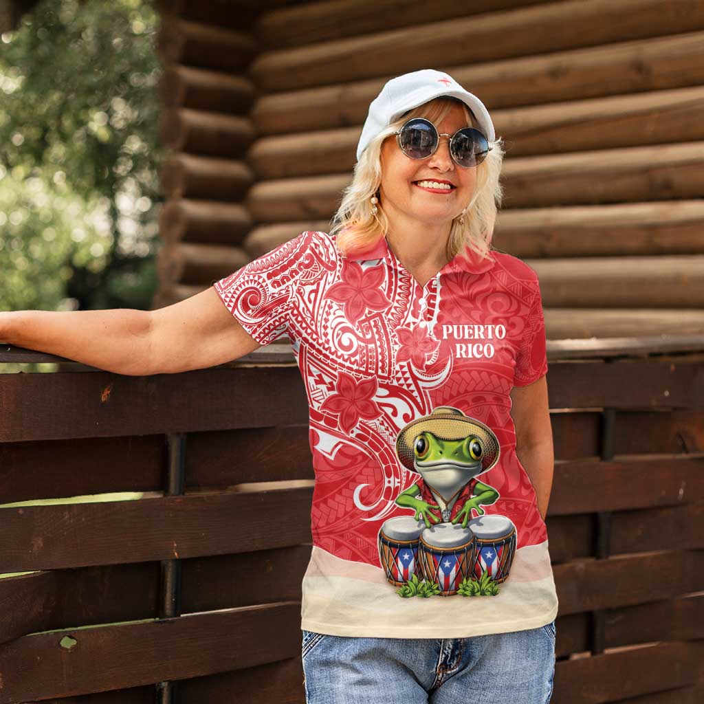 Personalized Puerto Rico Women Polo Shirt Coqui Frog With Polynesian Pattern - Polynesian Pride