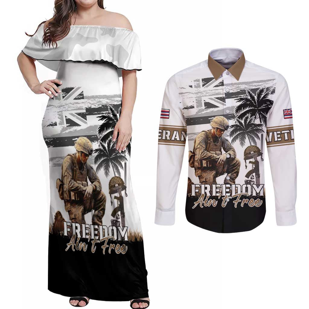 Hawaii Veterans Day Couples Matching Off Shoulder Maxi Dress and Long Sleeve Button Shirt Honor The Fallen Flag Grunge Style