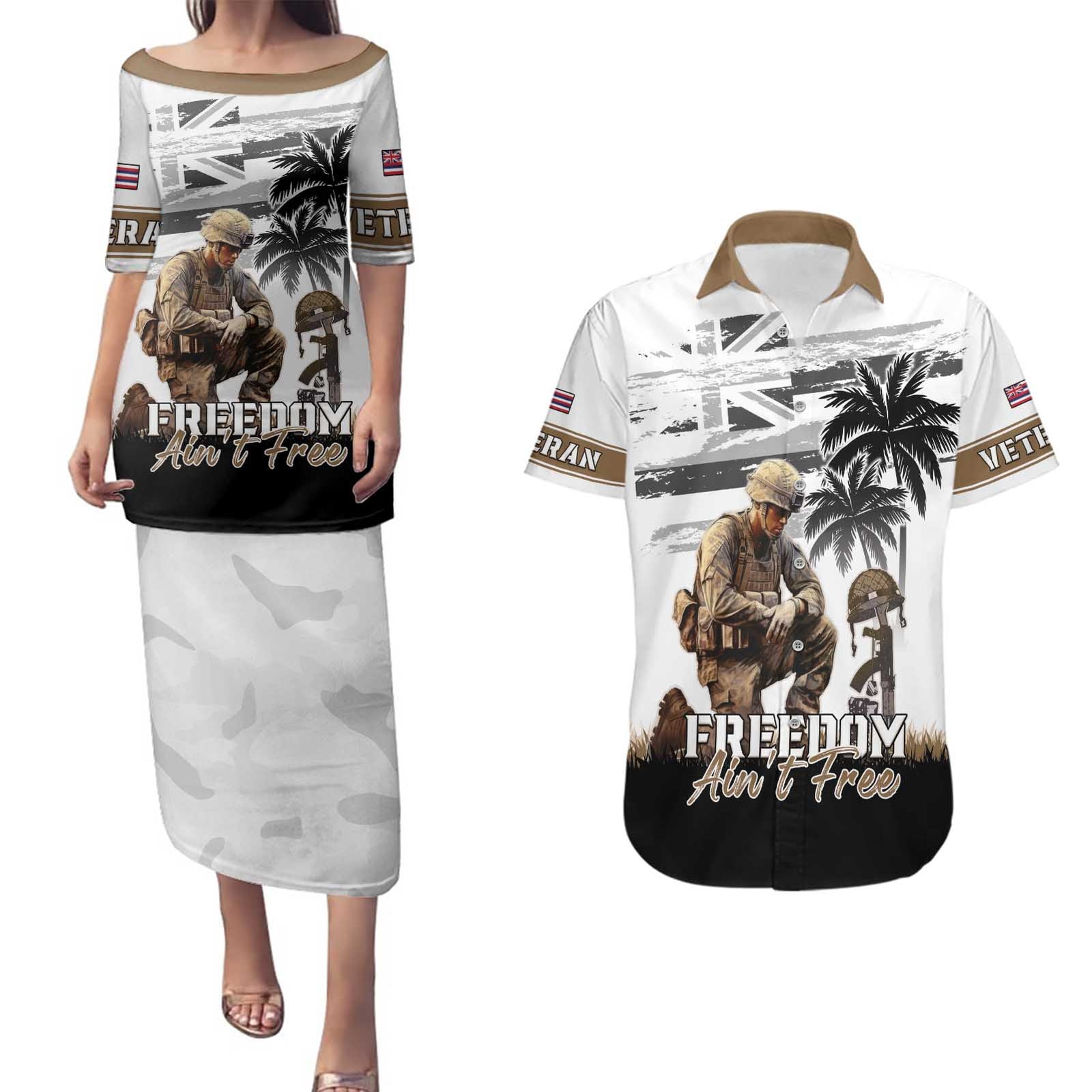 Hawaii Veterans Day Couples Matching Puletasi and Hawaiian Shirt Honor The Fallen Flag Grunge Style
