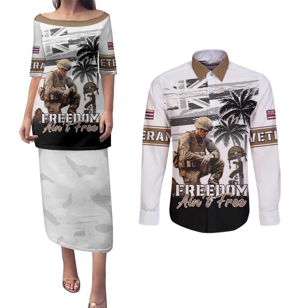 Hawaii Veterans Day Couples Matching Puletasi and Long Sleeve Button Shirt Honor The Fallen Flag Grunge Style