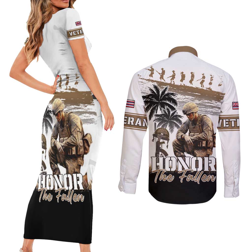 Hawaii Veterans Day Couples Matching Short Sleeve Bodycon Dress and Long Sleeve Button Shirt Honor The Fallen Flag Grunge Style